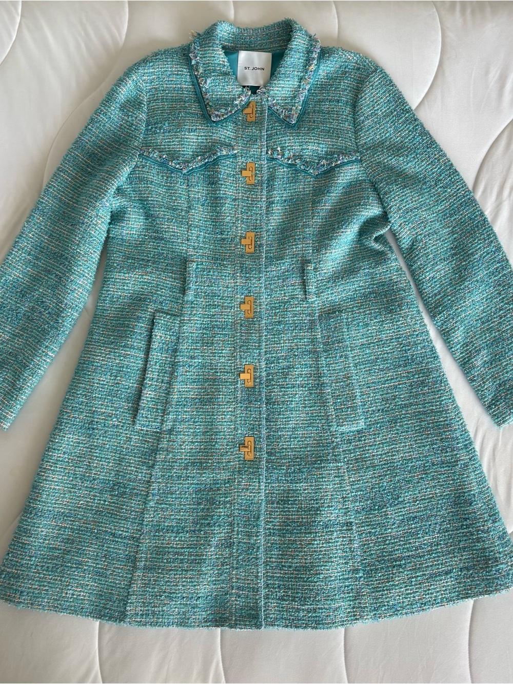 St. John Teal Tweed Coat with Gold-Tone Buttons
